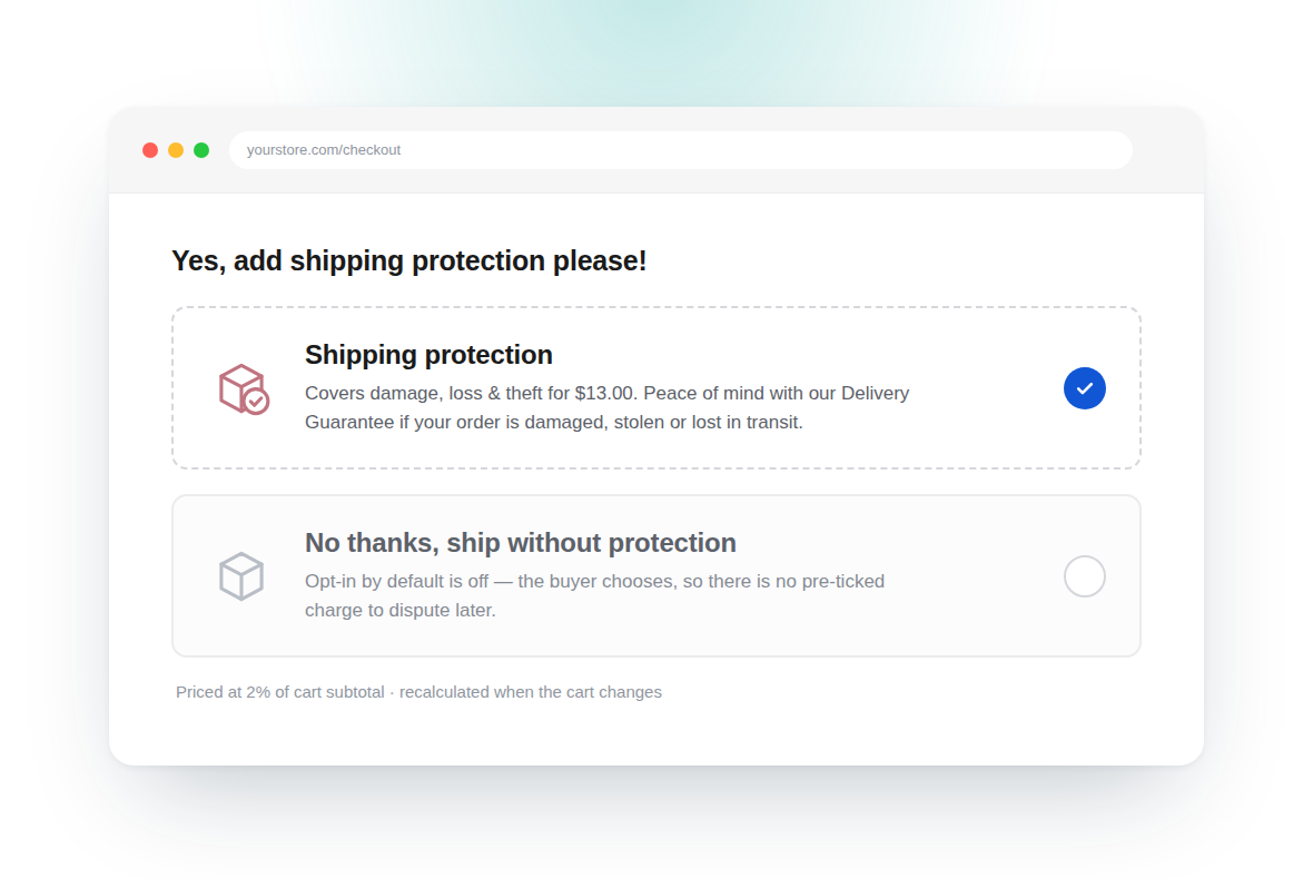 Opt-in shipping protection block in Shopify checkout, showing the selected and unselected states and a fee priced at 2% of the cart