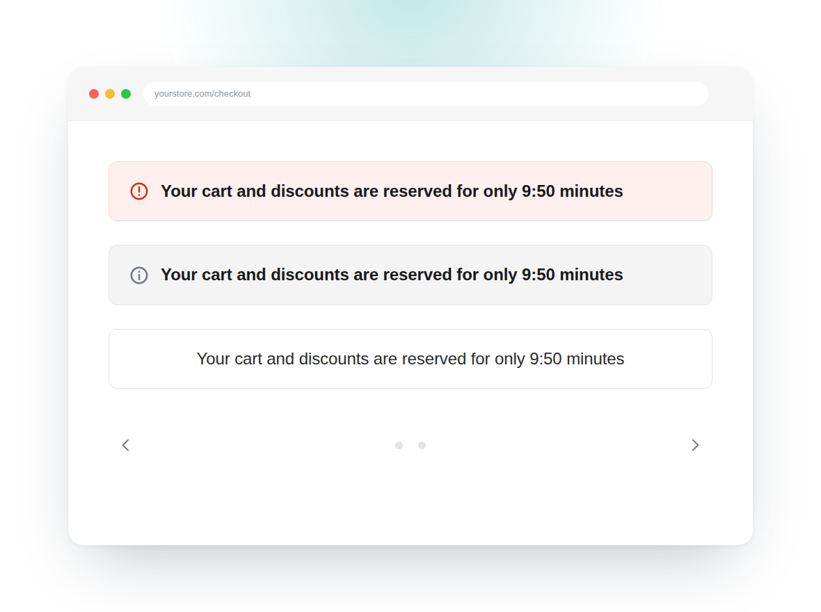 Shopify checkout countdown timer banners showing a cart reserved for 9:50 minutes, in critical, subdued and plain styles