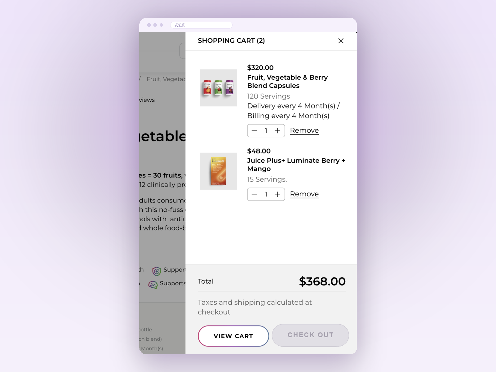 A subscription product and a one-time product in the same cart — checkout stays disabled until one is removed.