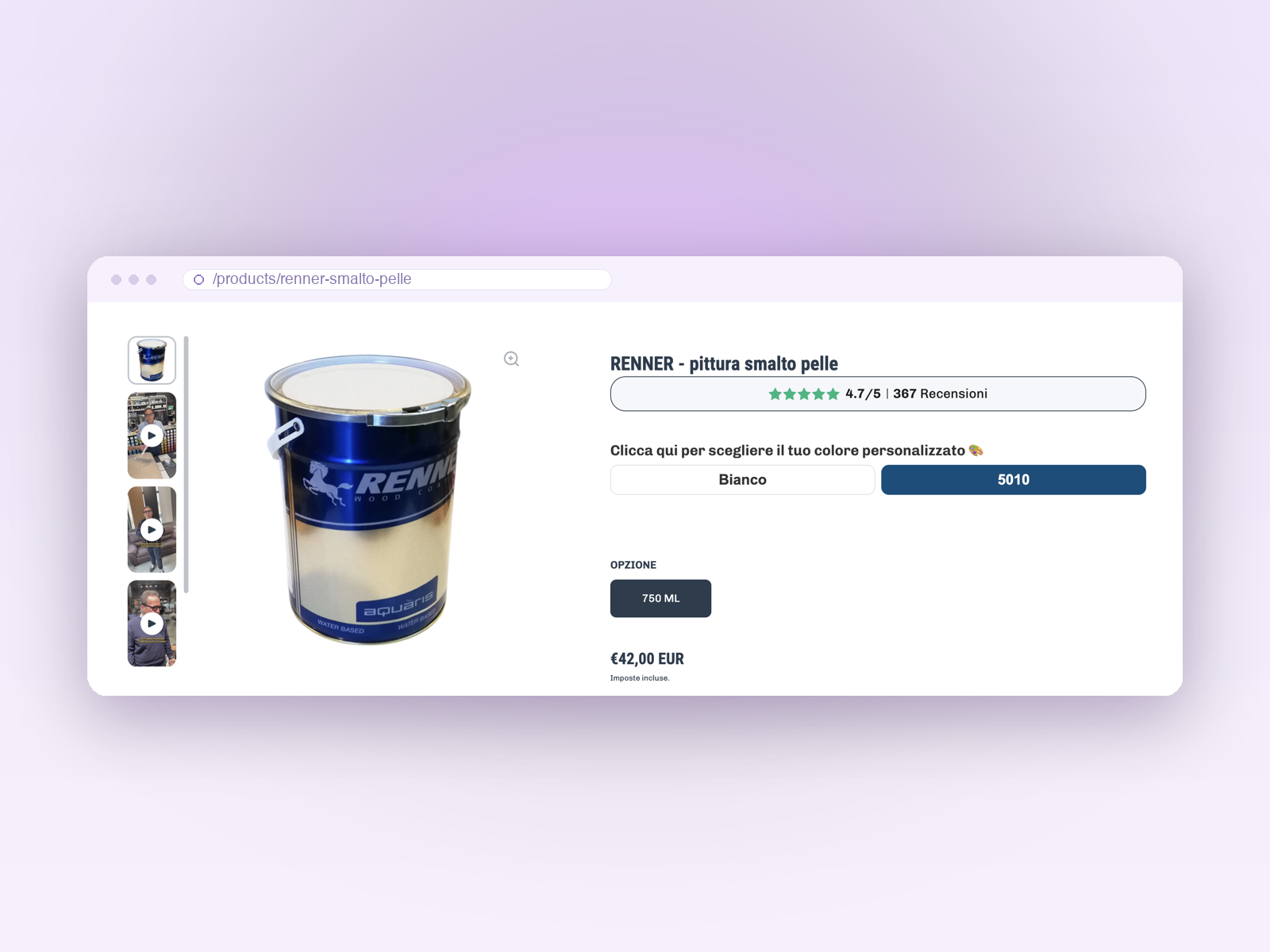 A RAL shade selected — €42.00, the tier surcharge applied automatically.